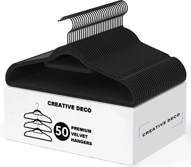 Creative Deco 50 Pack Velvet Hangers - Black with Charcoal Grey Hooks Steel Pack of 50 Hangers For  Shirt