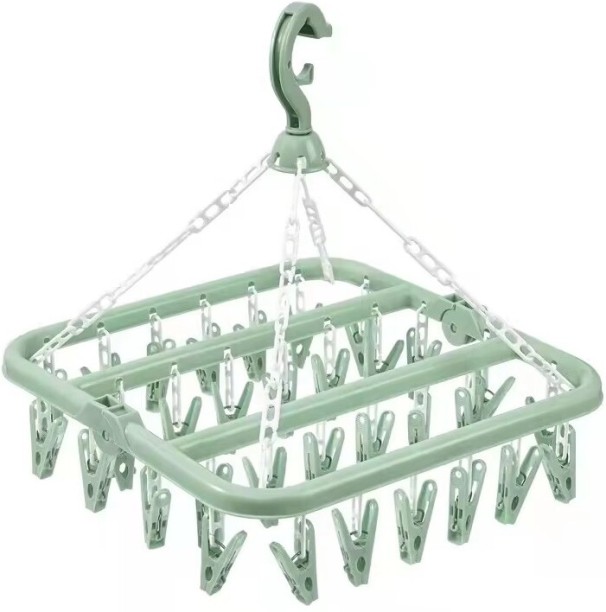 Wobuciko Foldable Laundry Drying Rack with 32 Clips, Mint Green Plastic, Space-Saving Clothes Hanger Plastic Hanger For Scarf
