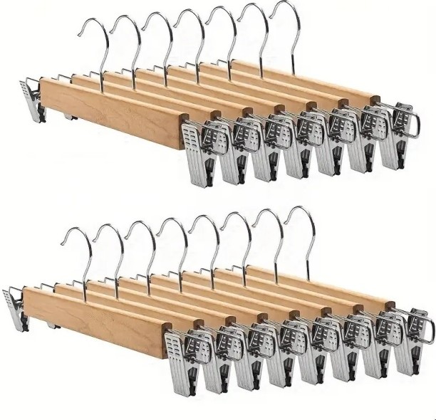Wobuciko Wooden Trouser Hanger Clamp with Metal Clips 12 Pack Steel Pack of 12 Hangers For Trousers