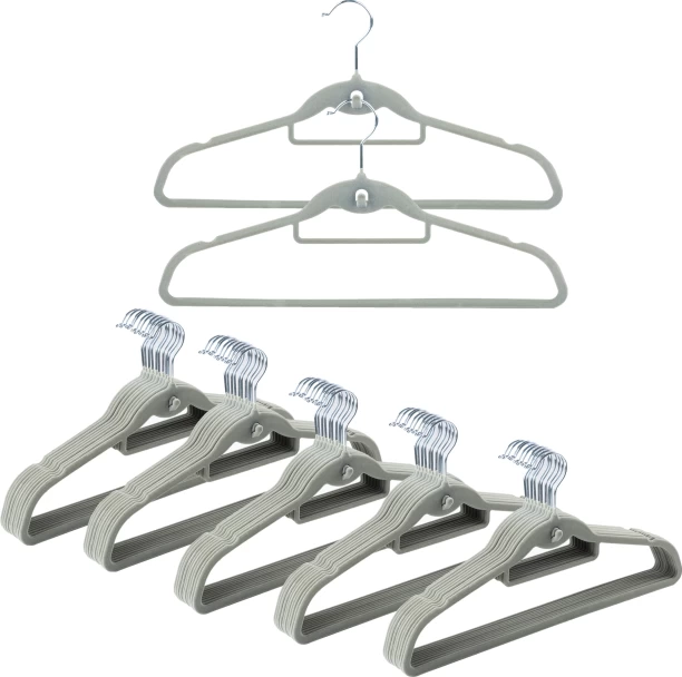 Anchor 50 pack Grey Non-Slip Velvet Space Saver Flocked Hangers with Hook Plastic Pack of 50 Hangers For  Shirt