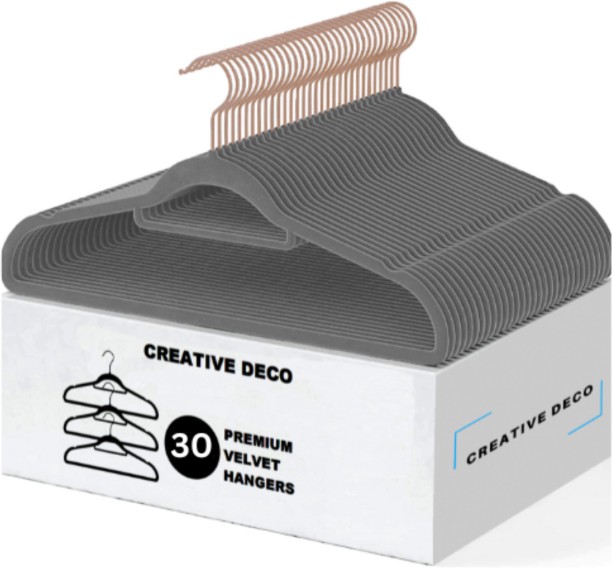 Creative Deco 30 Pack Velvet Hangers - Non-Slip - Grey with Rose Gold Hooks Steel Pack of 30 Hangers For  Coat