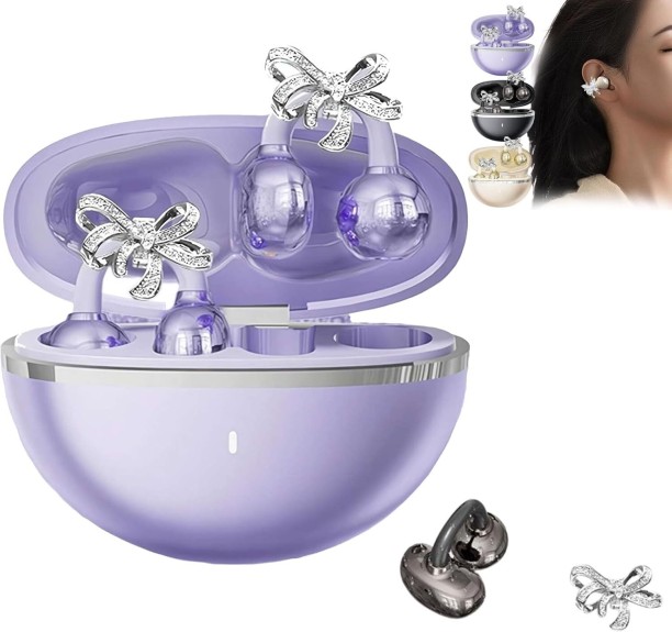 Fariedl Headphones，Clip-on Earbuds with Detachable Bow Earrings,Open-Ear Wireless Bluetooth 5.4 Headphones with Mic, Comfortable Fit & 72H Playtime Jewelry-Inspired Headphones for Women Gifts,Sports & Workouts (Purple) Bluetooth Headset