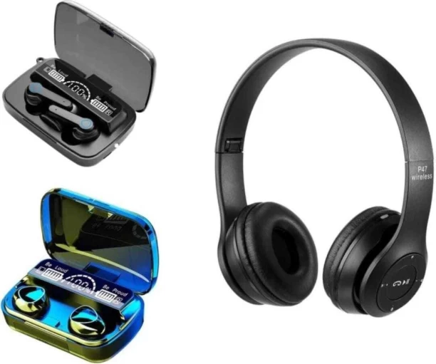 BT COMBOS P47 Wireless Headphones with M10 And M19 Earbuds Bluetooth Headset