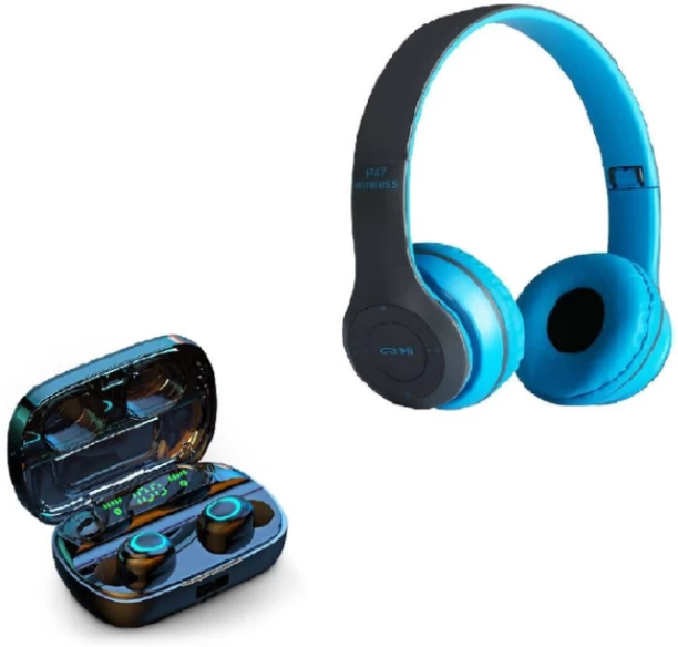 P47 P7 Wireless Headphones blue & Earbuds M19 Combo Bluetooth Headset