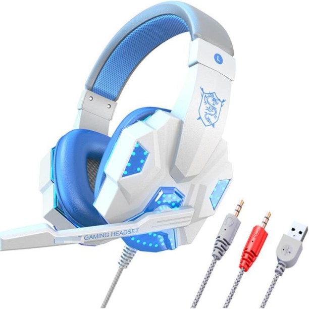 Fariedl Headset，Stereo Gaming Headset for PS4 PC Xbox One PS5 Controller, Noise Cancelling Over Ear Headphones with Mic, LED Light, 7.1 Surround Sound, Soft Memory Earmuffs for Nintendo Xbox Series X|S-White/Blue Bluetooth & Wired Headset