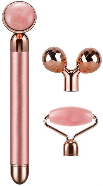 ALANES 3 In 1 Electric Vibrating Natural Rose Quartz Jade Roller Facial Massager