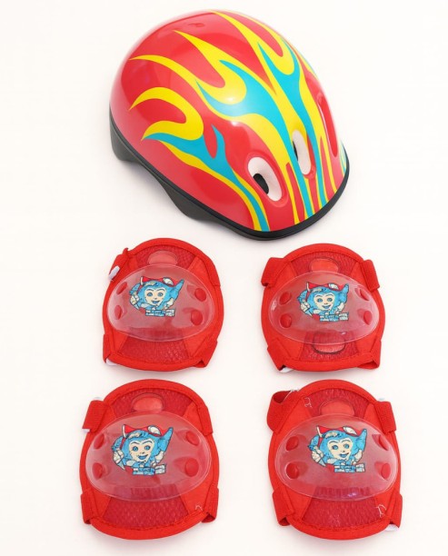 Generic Kids Protective Gear Set with Helmet – Red Flame Design (5-Piece Set) Cycling Open Face Helmet