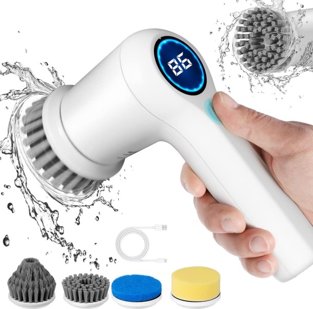 BezosMax Electric Spin Scrubber with Digital Display, Cordless Electric Shower Scrubber with 4 Heads Spin Scrubber, for Bathroom/Sink/Window Home  Cleaning Brush