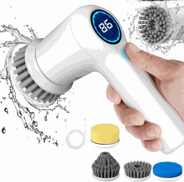 BezosMax Electric Spin Scrubber with Digital Display, Cordless Electric Shower Scrubber with 4 Heads Spin Scrubber, for Bathroom/Sink/Window Home  Cleaning Brush