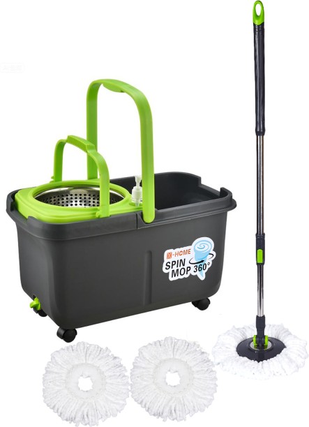 X-HOME Spin Mop 360° *3 Microfiber Heads *4 Wheels *Removable Spin Bucket Home  Mop Set