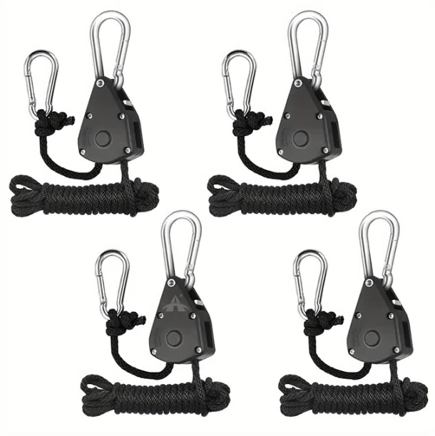 ALANES Adjustable Heavy Duty Rope Hanger Carabiner Rope Clip - Black - 4 Pack 0
