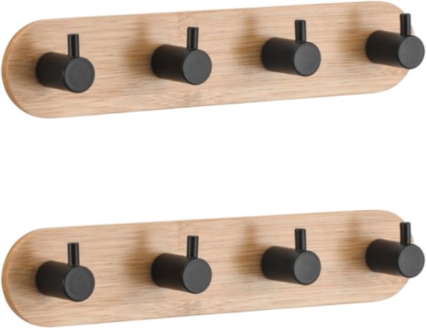 Wobuciko Wall Mounted Bamboo Hook Rack With 4 Hooks 2 Pack 4