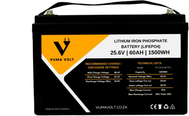Vuma Volt 25.6V 60AH 1.5KW Lithium (LiFePO4) Sealed Inverter Battery