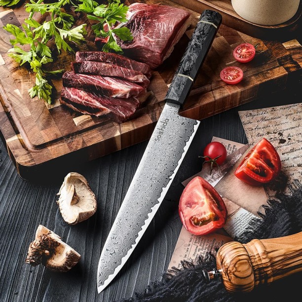 Soshida 1 Piece Steel Chefs Legacy 9” Damascus Chef Knife