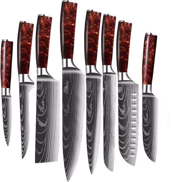 Soshida 8 Piece Stainless Steel Chefs, Paring, Multipurpose, Utility, Vegetable Japanese 8 Piece Modern Knife Set