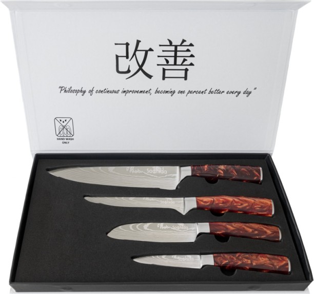 Soshida 4 Piece Stainless Steel Chefs, Paring, Carving Japanese Chef Knife Set - Red