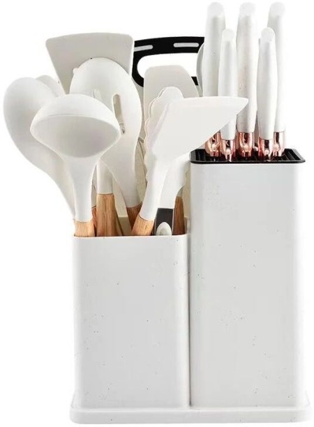 HomewareOnline 19 Piece Stainless Steel Multipurpose Kitchen Utensil Set with Holder - White