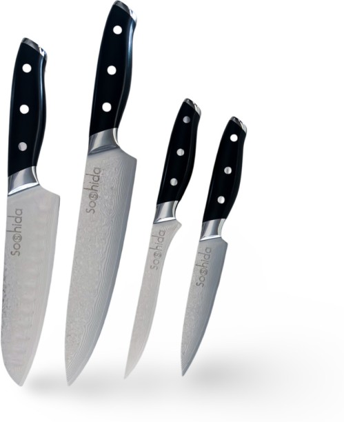 Soshida 4 Piece Steel Boning, Chefs, Paring G10 Damascus Knife Set