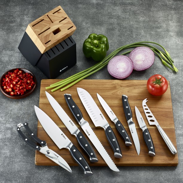 Milex 15 Piece Stainless Steel Chefs, Carving, Bread, Utility, Paring, Steak, Cheese 15pc Knife Block Set