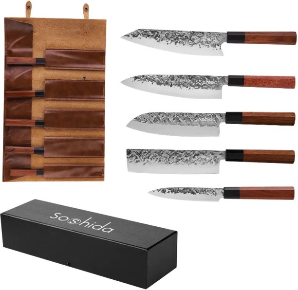 SOSHIDA 5 Piece Iron Chefs Japanese Carbon Steel Chef Knife Set