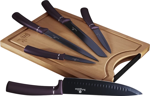 Berlinger Haus 6 Piece Carbon Steel Chefs, Utility, Bread, Steak Knife Set with Bamboo Cutting Board - Purple Eclipse