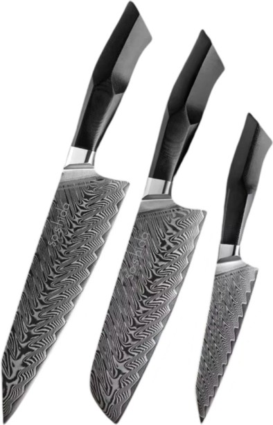 Soshida 3 Piece Steel Chefs Kokuyo Damascus Pro Knife Set