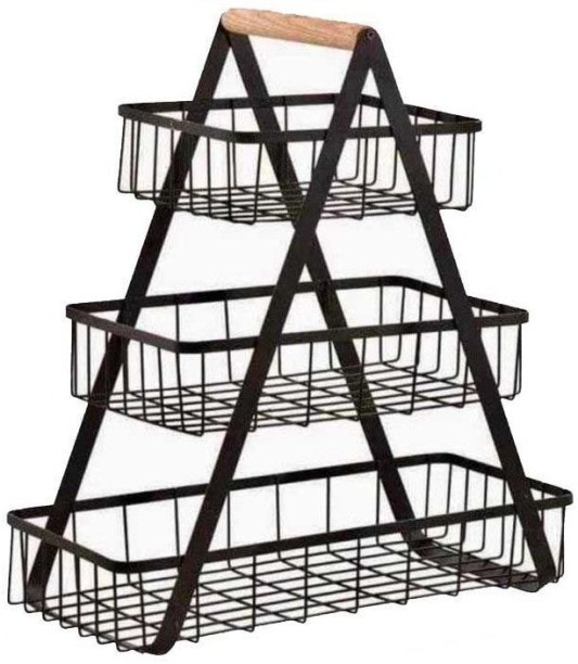 TGT- Portable 3-Tier Home Storage Basket Rack With Wooden Handle Steel Fruits/Vegetables Kitchen Rack