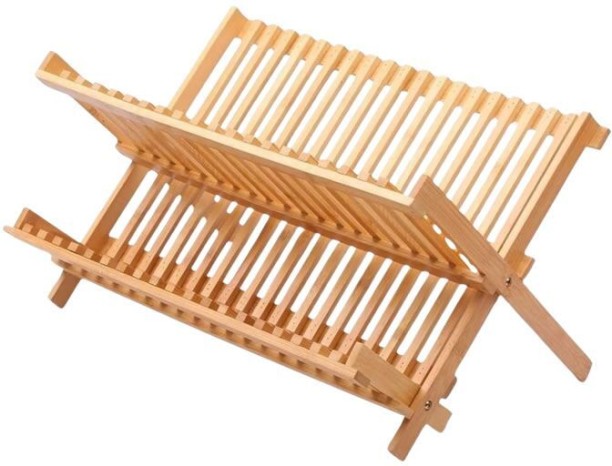 TGT- 2 Tier Bamboo Foldable Dish Drying Rack Wood Dish Drying Kitchen Rack