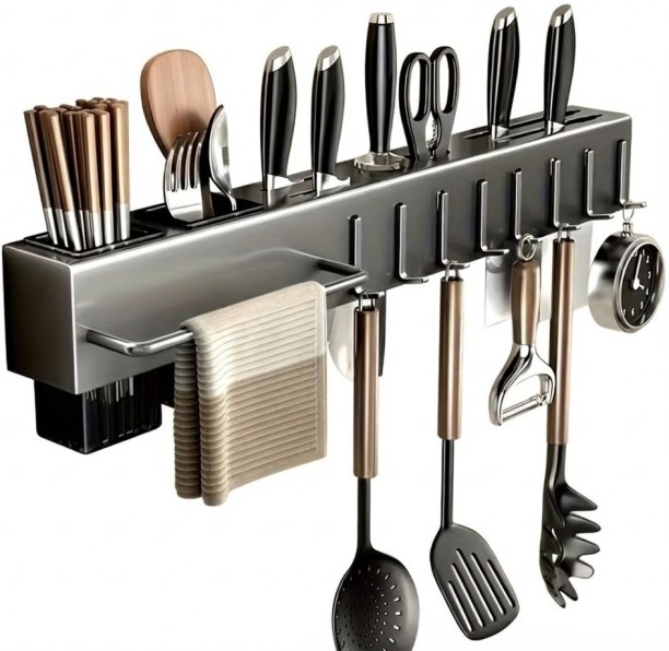 Kitchen Stainless Steel Wall-Mounted Organiser with Chopstick Cage, Space-Saving Multi- Steel Utensil Kitchen Rack