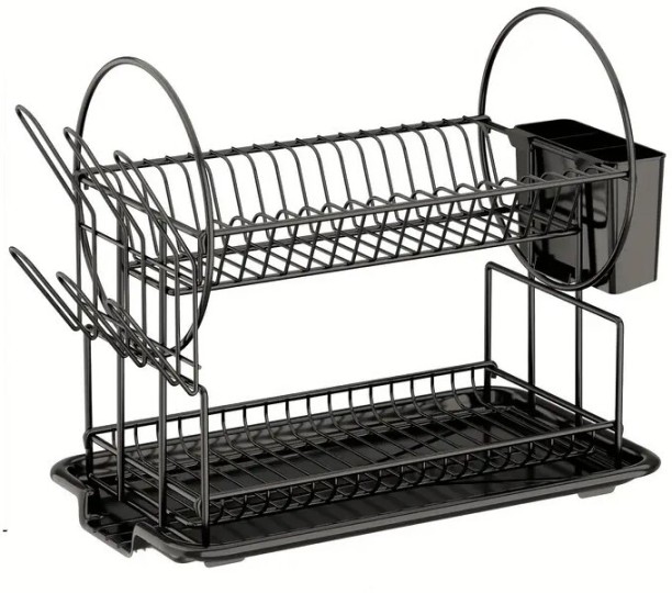 Wobuciko 2-Tier Dish Drying Rack with Drainboard Carbon Steel Organizer Kitchen Rack