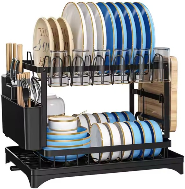OJEES 2-Tier Dish Drying Rack with Cutlery Holder & Drain Tray Steel Dish Drainer Kitchen Rack
