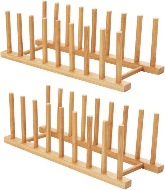 ELCTRO WORLD 2- Piece Bamboo Set Dish Plate Drain Rack Wood Dish Drainer Kitchen Rack