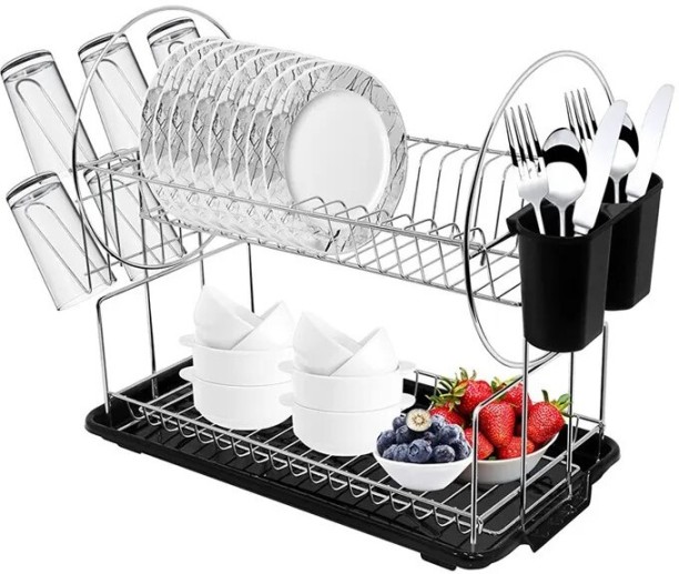 Wobuciko 2-Tier Dish Drying Rack with Drainboard Utensil Holder Carbon Steel Organizer Kitchen Rack