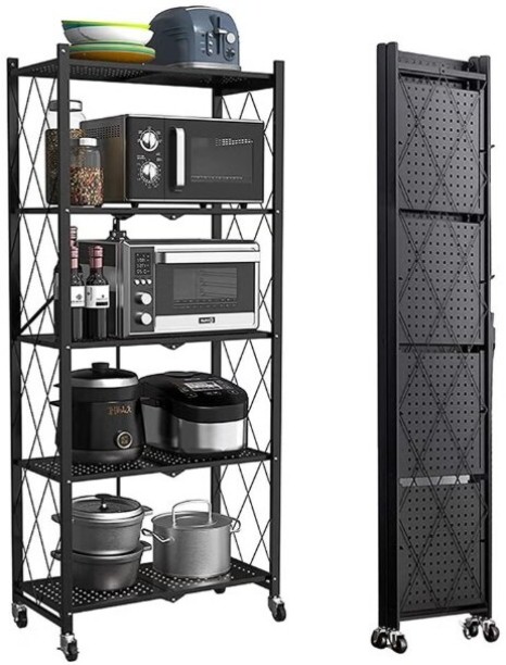 Durable 5 Tier Foldable Standing Storage Rack Shelf Unit With Wheel for Kitchen Garage Home Closet Office Heavy Duty Shelves Aluminium Organizer Kitchen Rack