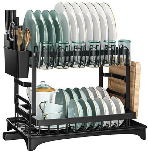 GENERIC Dish Drainer Rack Multifunctional Dish Rack 2-Tier Dish Drying Rack - Black Steel Dish Drying Kitchen Rack