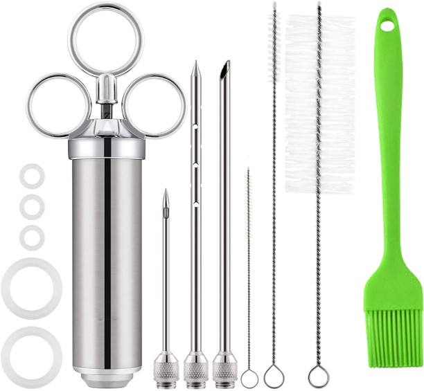 ALANES Meat Seasoning Syringe Kit with 3 Needles, 4 Brushes & 5 Spare O-ring Seals Stainless Steel Cutter Kitchen Tool Set