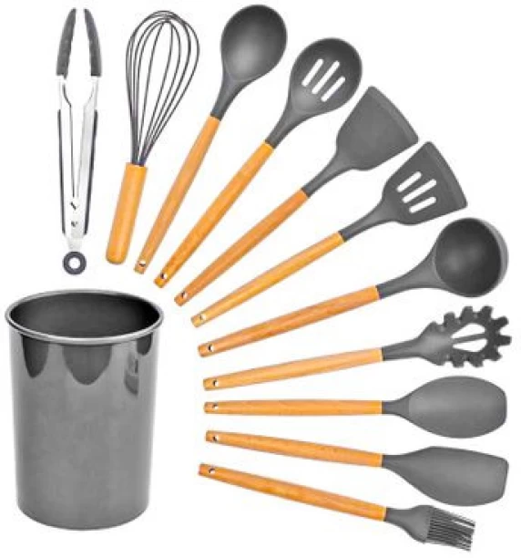 JOZI TRADE 12 Piece Non-Stick Silicone Cooking Utensil Set with Natural Wooden Handles - Grey Silicone Cooking Spoon Kitchen Tool Set
