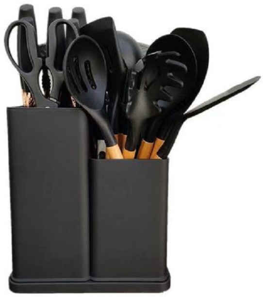 SA TRADE Silicone Kitchenware Kit 19 Pieces Knife & Spoon Set With Storage Rack - black Silicone Knife Kitchen Tool Set