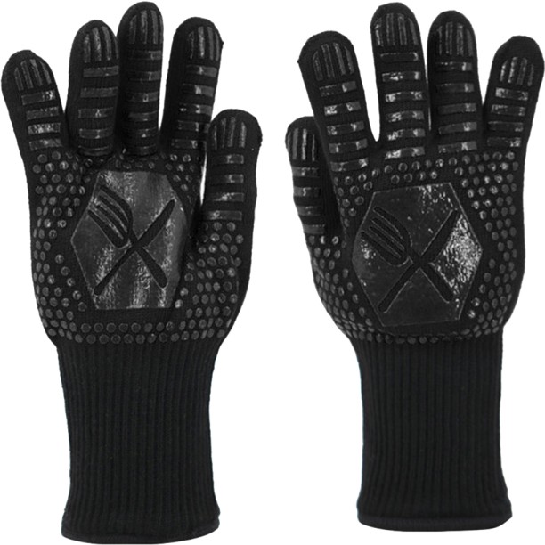 ALANES One Pair 800°C Heat Resistant Oven Gloves for BBQ Cooking-Black Knife & Fork Wet and Dry Glove