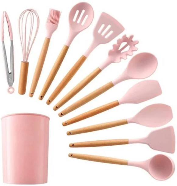 JOZI TRADE 12 Piece Non-Stick Silicone Cooking Utensil Set with Natural Wooden Handles - Pink Silicone Cooking Spoon Kitchen Tool Set