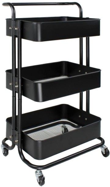 Dot Furn 3-Tier Metal Storage Trolley with Rolling Wheels – Black Utility Cart for Kitchen, Bathroom, or Office Organization Steel Kitchen Trolley