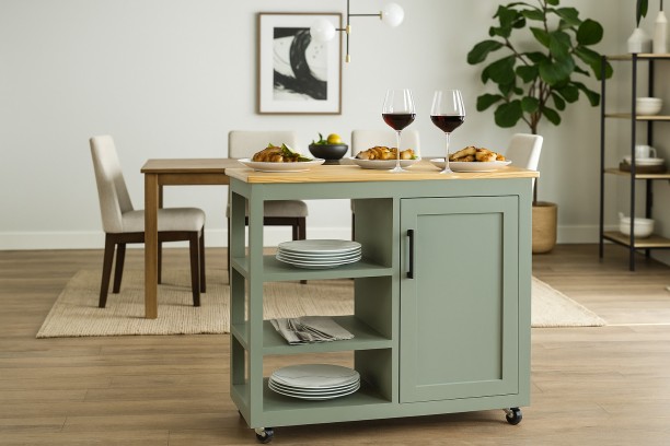 Simplify Living Mini Kitchen Island - Modnest trolley - Sage green Wooden Kitchen Trolley