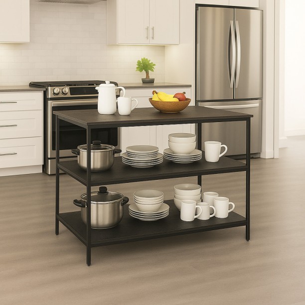 Refined Spaces – Forge Industrial Kitchen Island – Stormwood Finish – 2 Shelves, Adjustable Feet & Lockable Wheels / Melamine Kitchen Trolley