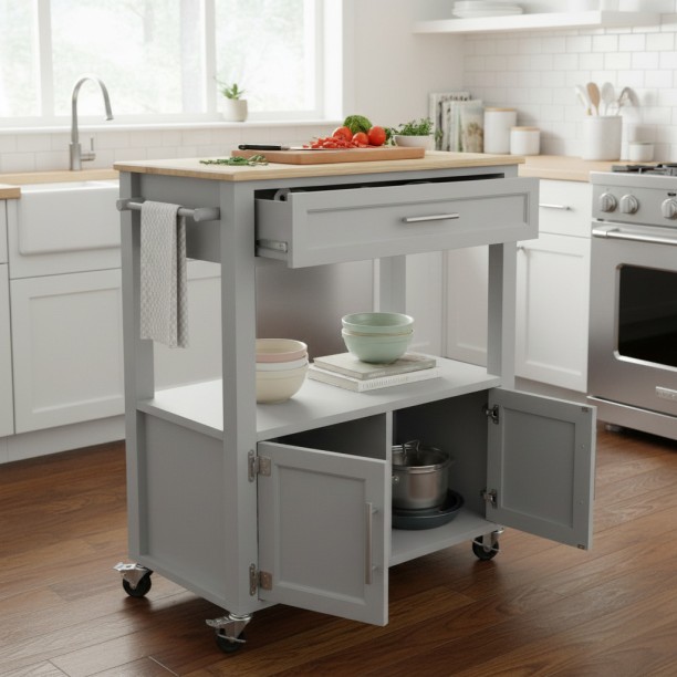 Simplify Living 2 Door Mini Island Wooden Kitchen Trolley