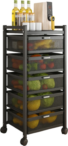 Wobuciko Storage Draw Cart Black 5 Tier -45*30*78 Carbon Steel Kitchen Trolley