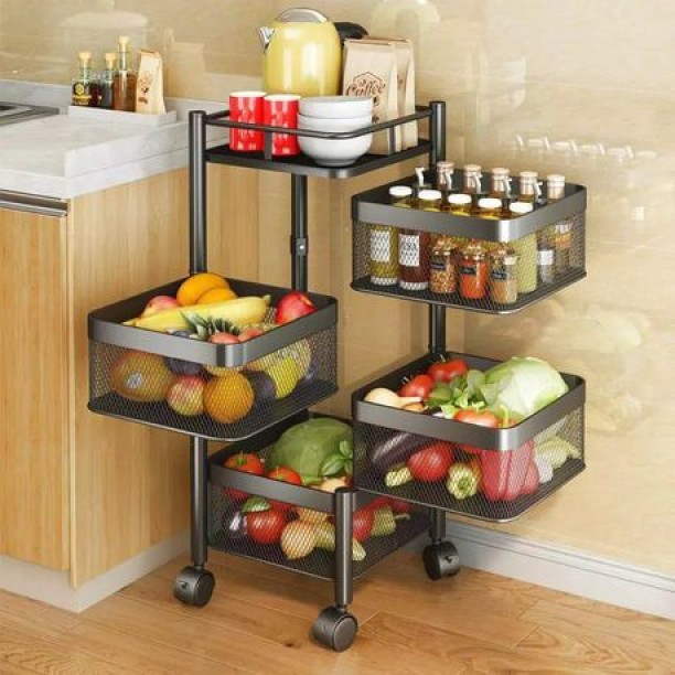SA TRADE 4 Tier Carbon Steel Square Rotating Kitchen Mesh Storage Trolley Cart Plastic Kitchen Trolley