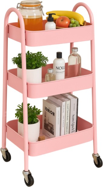 Wobuciko 3 Tier Mobile Utility Cart with Mesh Inserts Pink -75cm Carbon Steel Kitchen Trolley