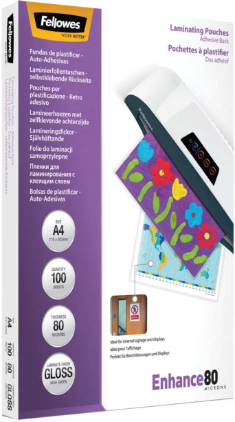 FELLOWES A4 80 Micron Gloss Laminating Pouches 100-Pack A4 Laminating Sheet