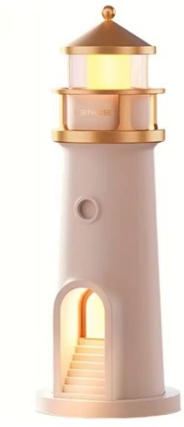Lighthouse Night Light - Moon Projection & Motion Sensor, USB Rechargeable White Plastic Table Lantern