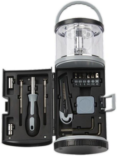 . Auto Emergency Lantern With Tool Set Led Camping Lamp Kit for Outdoor Work Black Aluminium Table Lantern